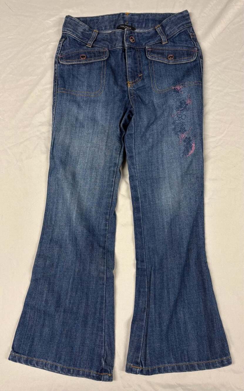 Nautica Denim Pants Size 6 Blue Flared Embroidered Flower
